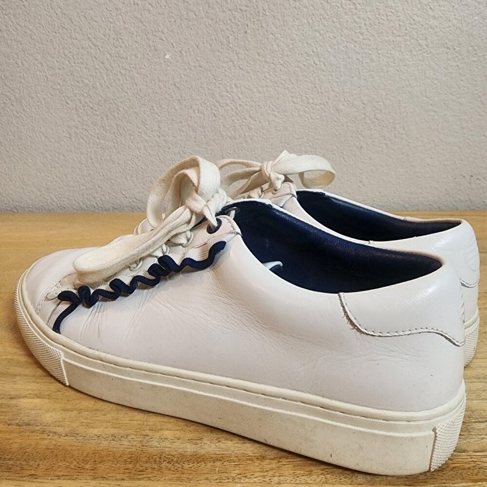 Tory Sport Shoes Womens Size 7.5 White Navy Leather Lace Up Low Top Sneakers - Picture 4 of 10